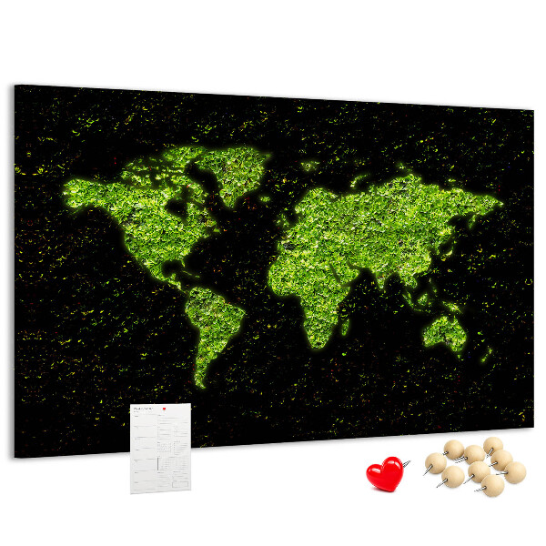 Tableau de liège Carte du monde verte sur fond noir