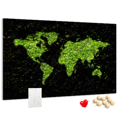 Tableau de liège Carte du monde verte sur fond noir