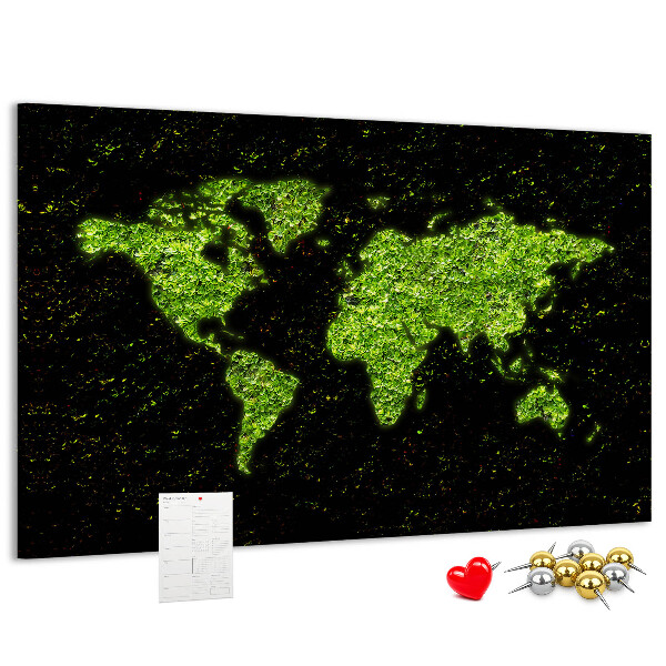Tableau de liège Carte du monde verte sur fond noir