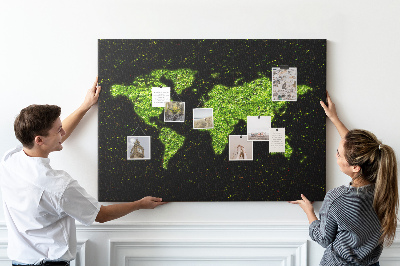 Tableau de liège Carte du monde verte sur fond noir