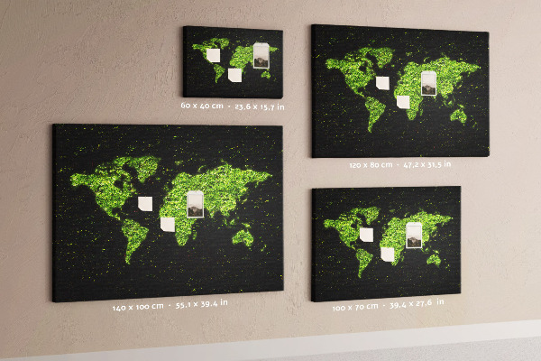 Tableau de liège Carte du monde verte sur fond noir
