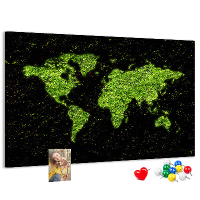Tableau de liège Carte du monde verte sur fond noir