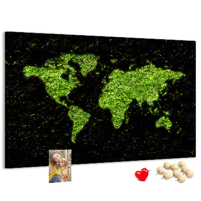 Tableau de liège Carte du monde verte sur fond noir