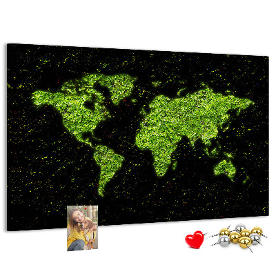 Tableau de liège Carte du monde verte sur fond noir