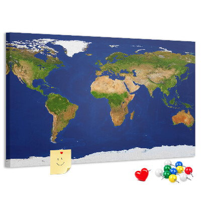 Tableau affichage liège Carte du monde avec des punaises de couleur.
