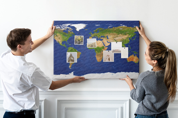Tableau affichage liège Carte du monde avec des punaises de couleur.