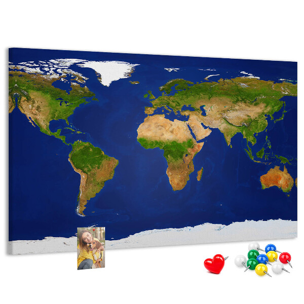 Tableau affichage liège Carte du monde avec des punaises de couleur.