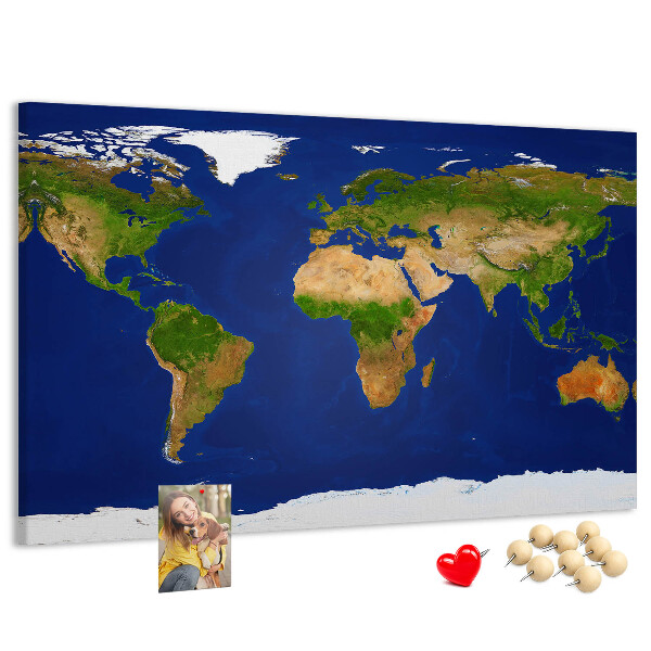 Tableau affichage liège Carte du monde avec des punaises de couleur.
