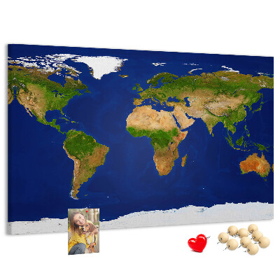 Tableau affichage liège Carte du monde avec des punaises de couleur.