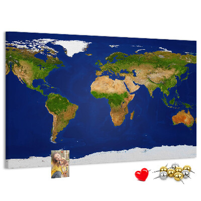 Tableau affichage liège Carte du monde avec des punaises de couleur.