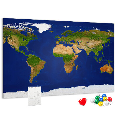 Tableau affichage liège Carte du monde avec des punaises de couleur.