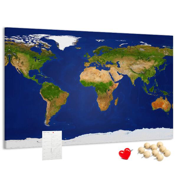 Tableau affichage liège Carte du monde avec des punaises de couleur.