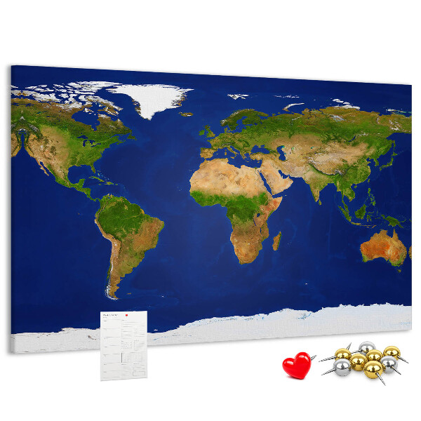 Tableau affichage liège Carte du monde avec des punaises de couleur.