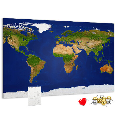 Tableau affichage liège Carte du monde avec des punaises de couleur.