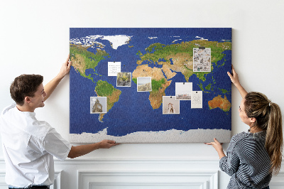 Tableau affichage liège Carte du monde avec des punaises de couleur.