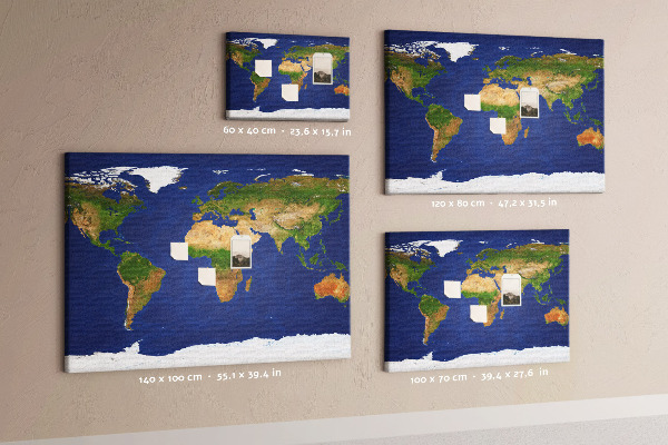 Tableau affichage liège Carte du monde avec des punaises de couleur.