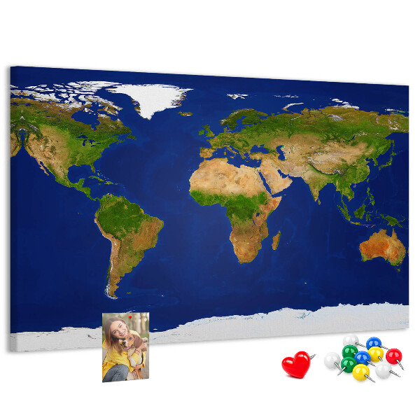 Tableau affichage liège Carte du monde avec des punaises de couleur.