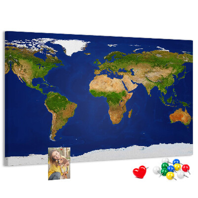Tableau affichage liège Carte du monde avec des punaises de couleur.