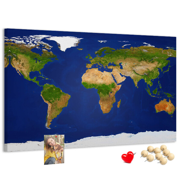 Tableau affichage liège Carte du monde avec des punaises de couleur.