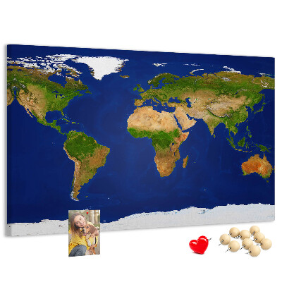Tableau affichage liège Carte du monde avec des punaises de couleur.