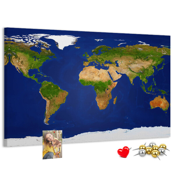 Tableau affichage liège Carte du monde avec des punaises de couleur.
