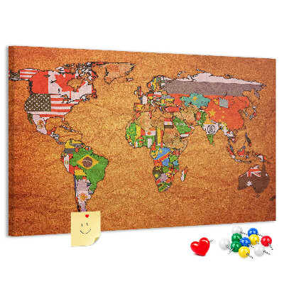 Tableau de liège Carte du monde avec les drapeaux des pays