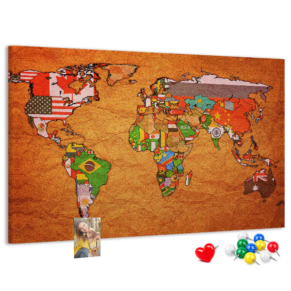 Tableau de liège Carte du monde avec les drapeaux des pays