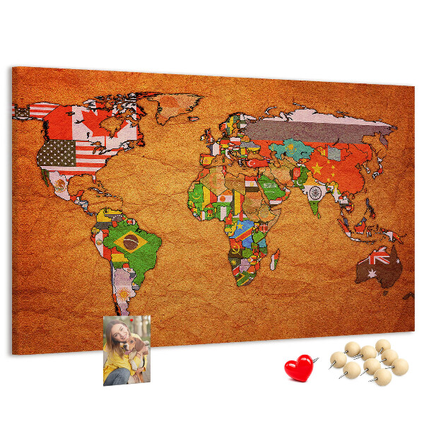 Tableau de liège Carte du monde avec les drapeaux des pays