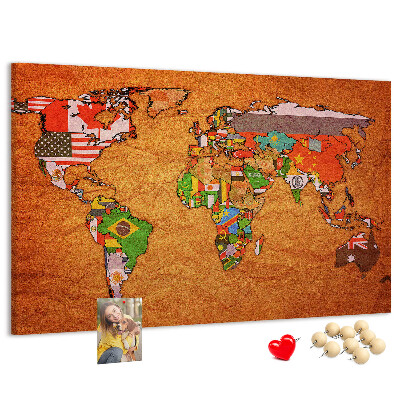 Tableau de liège Carte du monde avec les drapeaux des pays