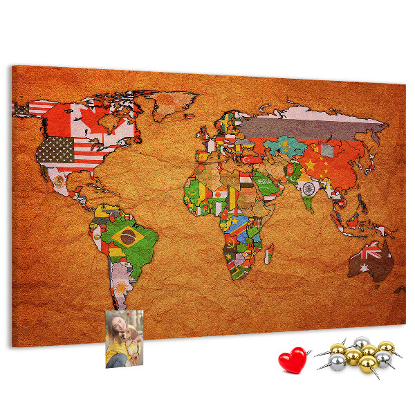 Tableau de liège Carte du monde avec les drapeaux des pays
