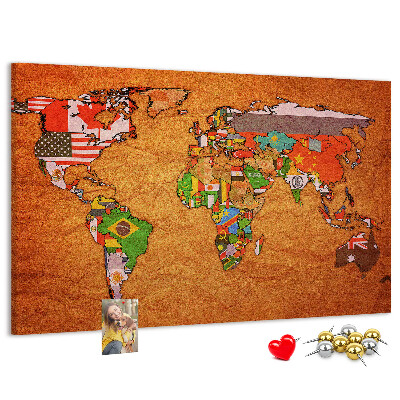 Tableau de liège Carte du monde avec les drapeaux des pays
