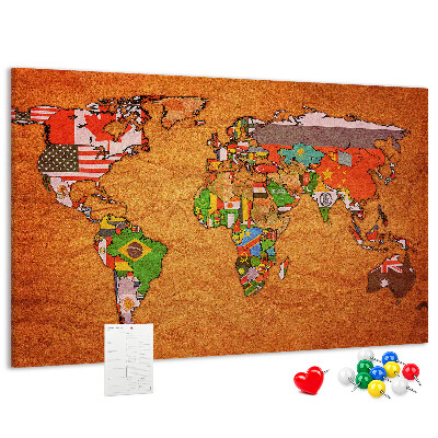 Tableau de liège Carte du monde avec les drapeaux des pays