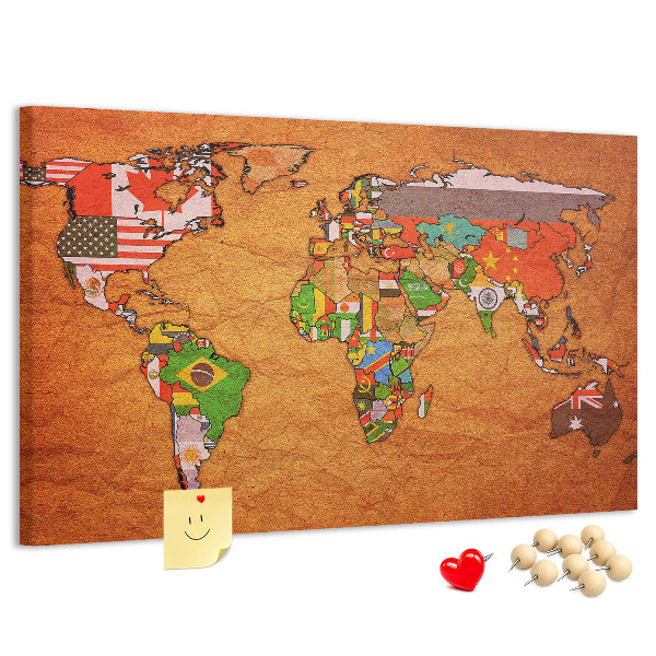 Tableau de liège Carte du monde avec les drapeaux des pays