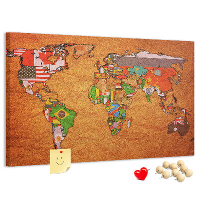 Tableau de liège Carte du monde avec les drapeaux des pays