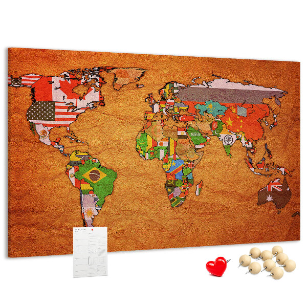Tableau de liège Carte du monde avec les drapeaux des pays