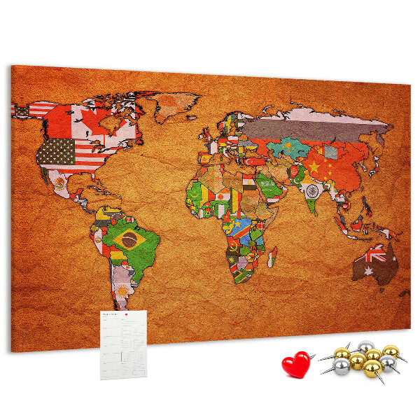 Tableau de liège Carte du monde avec les drapeaux des pays
