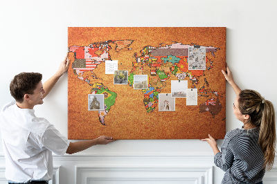 Tableau de liège Carte du monde avec les drapeaux des pays