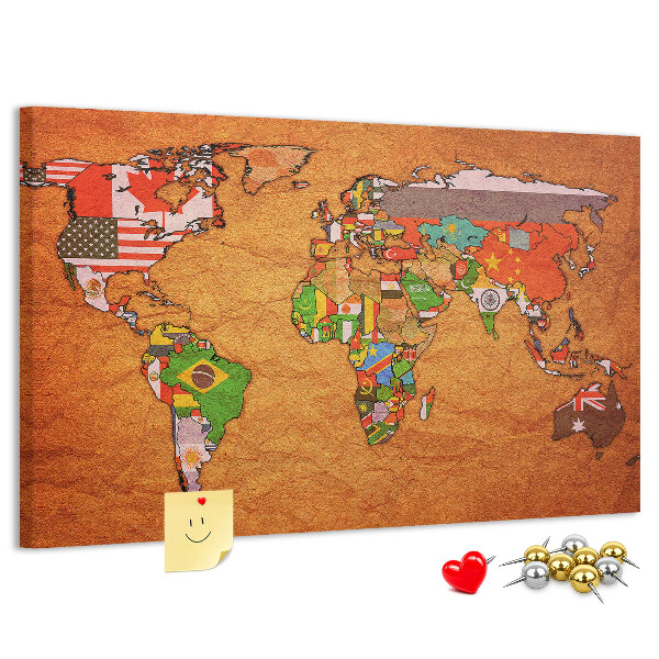 Tableau de liège Carte du monde avec les drapeaux des pays