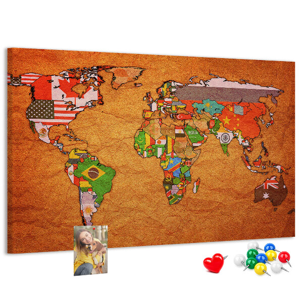 Tableau de liège Carte du monde avec les drapeaux des pays