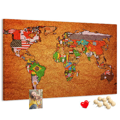 Tableau de liège Carte du monde avec les drapeaux des pays