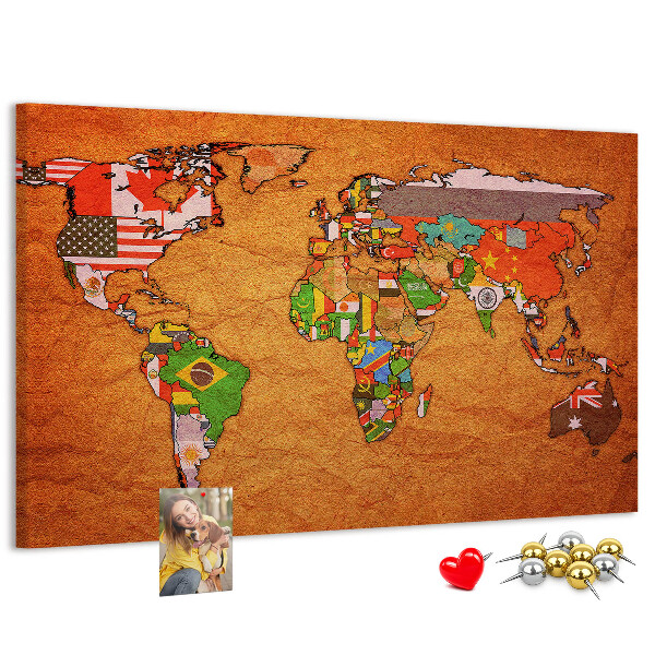 Tableau de liège Carte du monde avec les drapeaux des pays