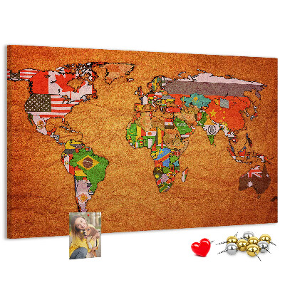 Tableau de liège Carte du monde avec les drapeaux des pays