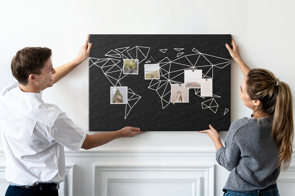 Tableau affichage liège La géométrie du monde en contours blancs