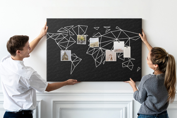 Tableau affichage liège La géométrie du monde en contours blancs
