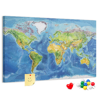 Tableau affichage liège Carte du monde aux couleurs pastel.