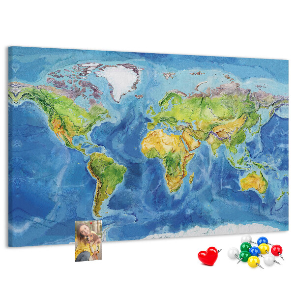 Tableau affichage liège Carte du monde aux couleurs pastel.