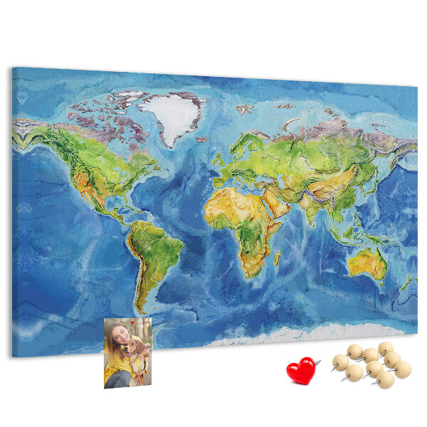 Tableau affichage liège Carte du monde aux couleurs pastel.