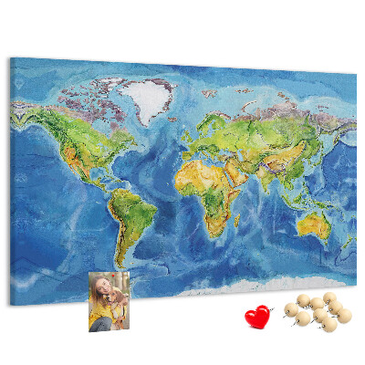 Tableau affichage liège Carte du monde aux couleurs pastel.