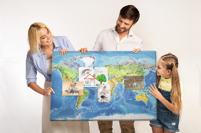 Tableau affichage liège Carte du monde aux couleurs pastel.