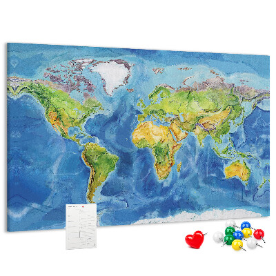 Tableau affichage liège Carte du monde aux couleurs pastel.